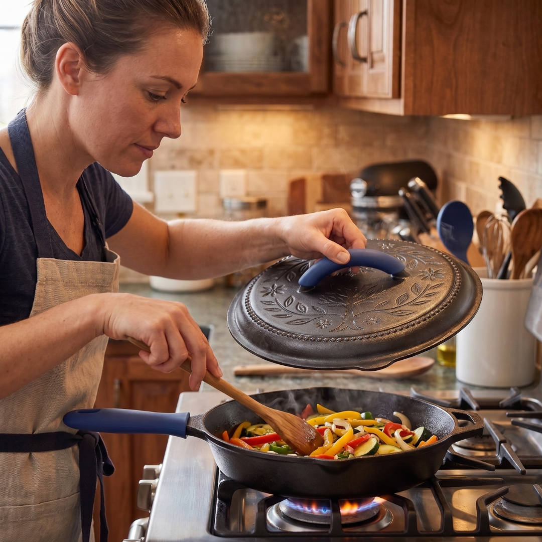 2 Quart Cast Iron Skillet with Lid and Silicone Handle Covers