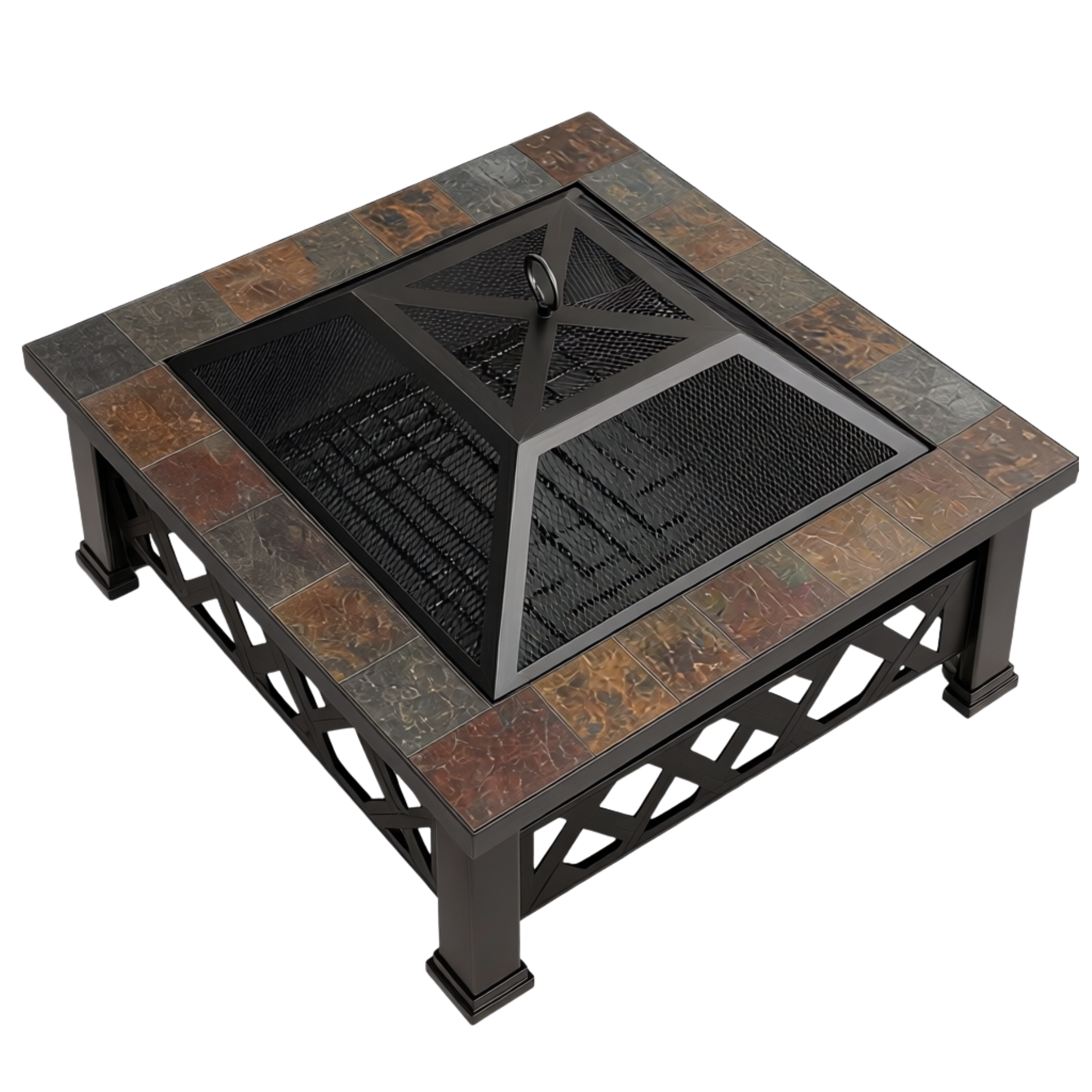 32 Inches Square Metal Fire Pit Table with Spark Screen for Backyard