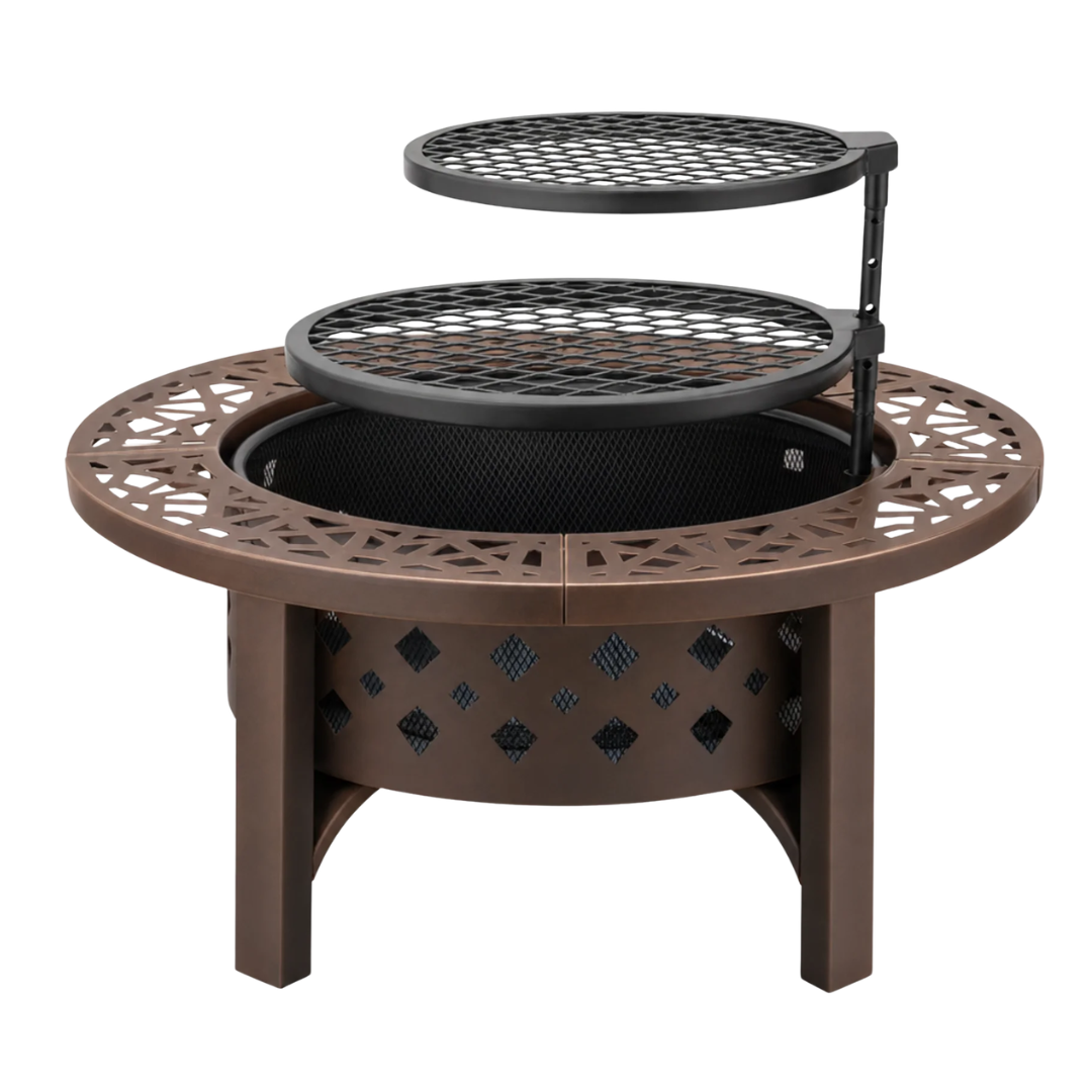 36 Inch Wood Burning Fire Pit Table with Dual Grills and Tabletop Lid