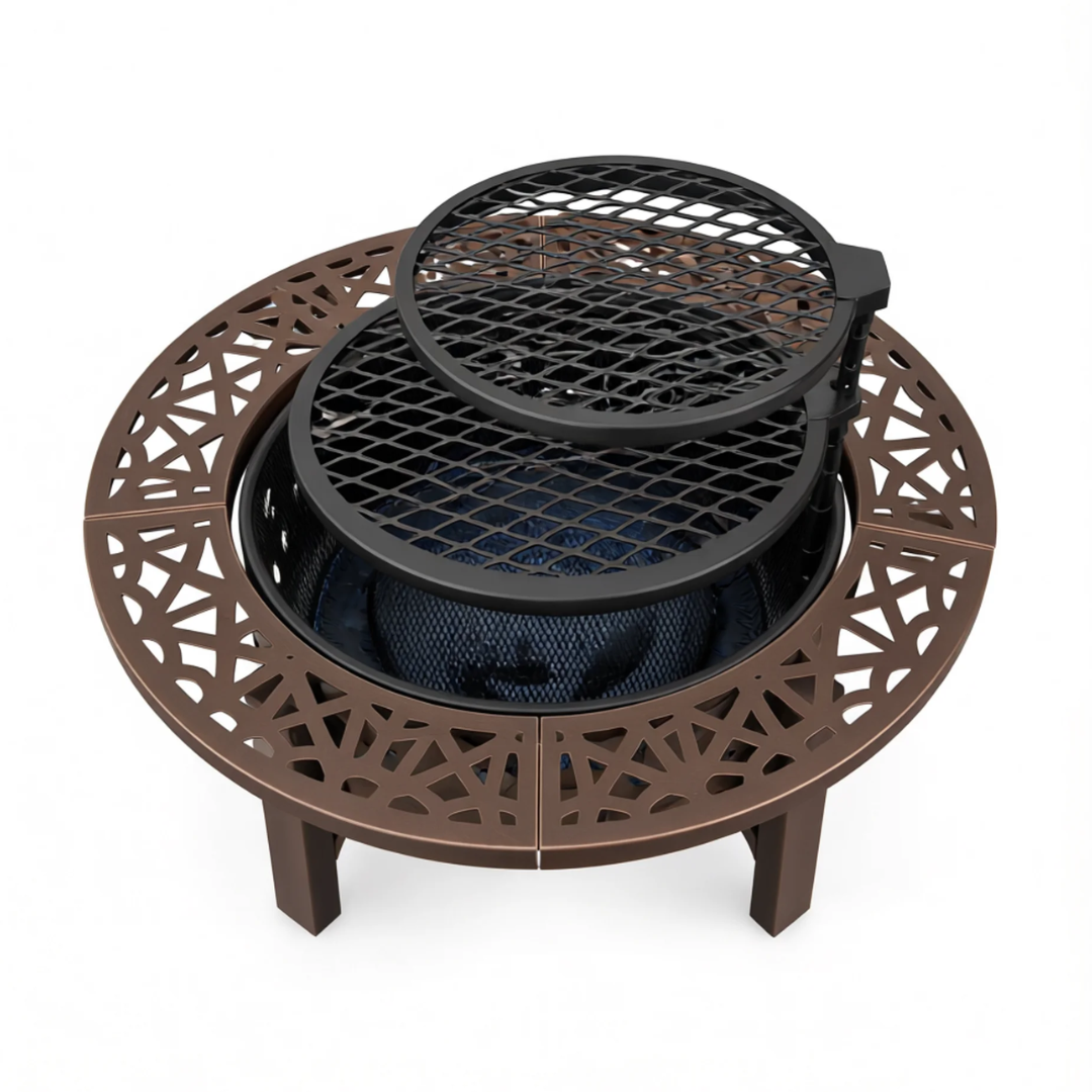 36 Inch Wood Burning Fire Pit Table with Dual Grills and Tabletop Lid