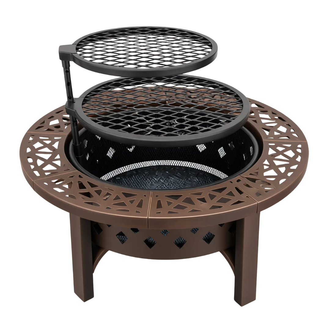 36 Inch Wood Burning Fire Pit Table with Dual Grills and Tabletop Lid