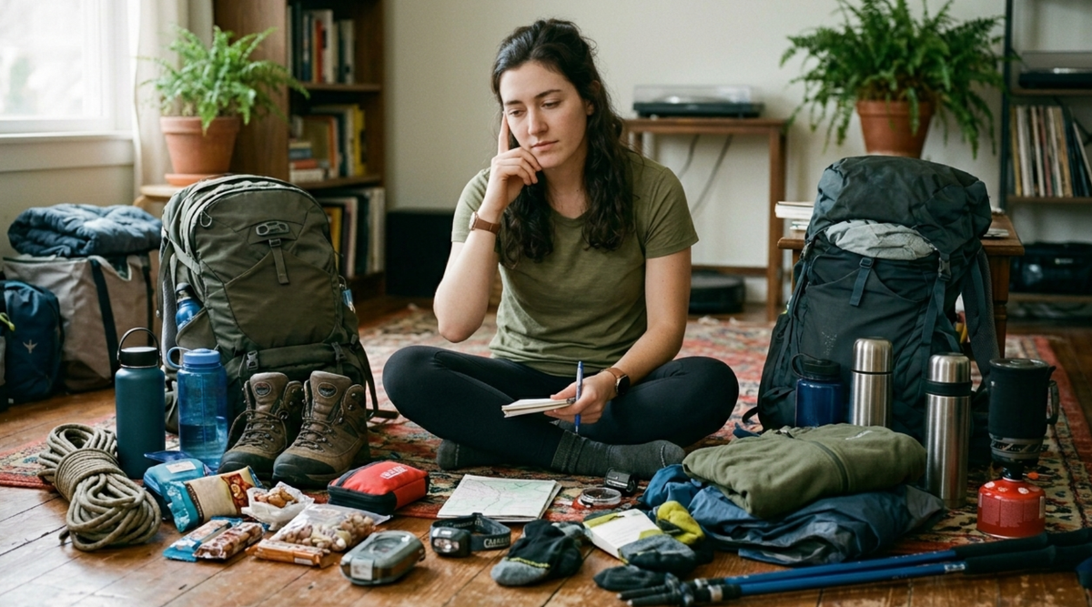 Camper unpacking new gear at a forest campsite