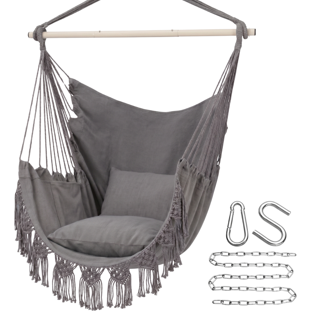 Macrame Hanging Hammock Chair with Cushions and Pocket 500 lb Capacity