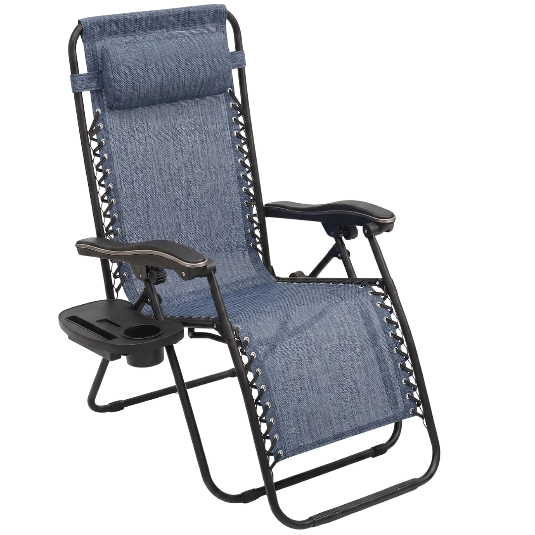 Folding Reclining Chair with Adjustable Pillow and Cup Holder Tray