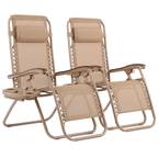 Set of 2 Folding Reclining Patio Lounge Chairs with Cup Holder Trays